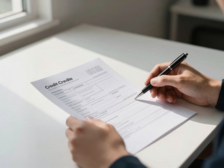 Close-up of hands holding a printed credit report on a white desk, pen resting beside it, natural window light from the left casting soft shadows, clean minimal background