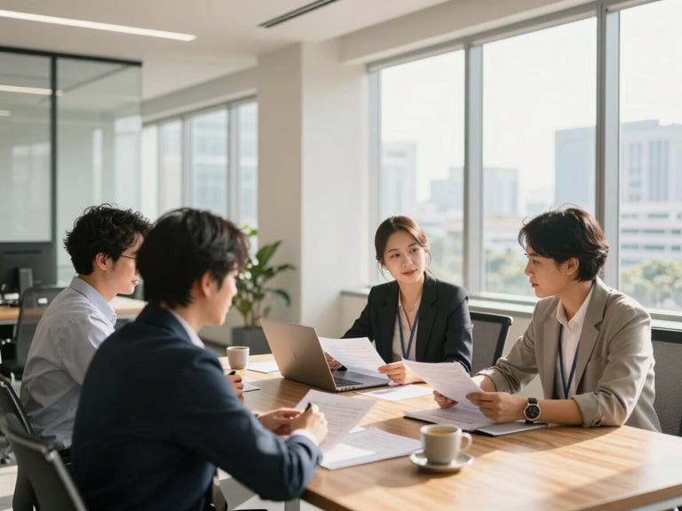 Wide environmental shot of a bright, modern Bangkok office workspace with natural daylight streaming through large windows, focused professionals collaborating around a wooden table with documents, warm corporate tones, shallow depth of field, 35mm lens.