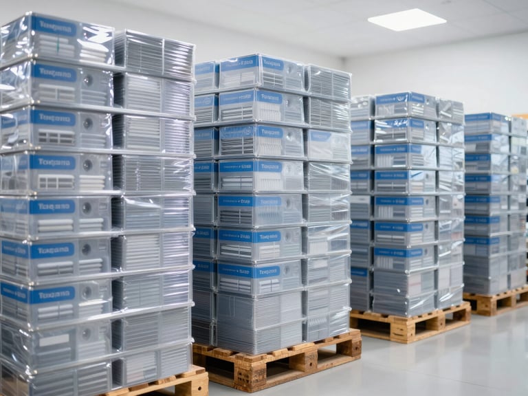 Organized commercial warehouse in Tuxpam with neatly stacked pallets of stationery products under bright high-key lighting