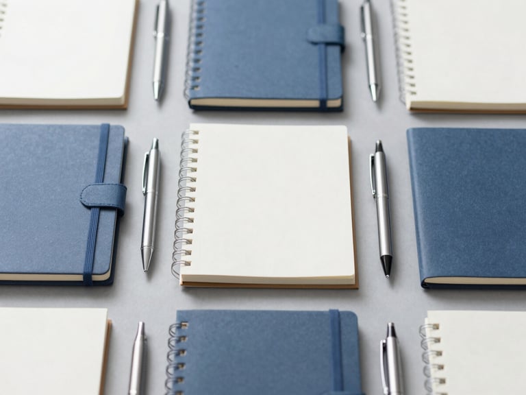 Clean flat-lay of professional office stationery, notebooks, and pens arranged in a precise grid pattern on a cool gray background