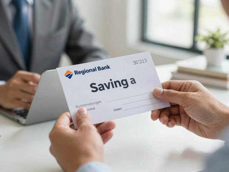 A close-up of hands holding a regional bank savings book, bright natural light, warm professional corporate setting