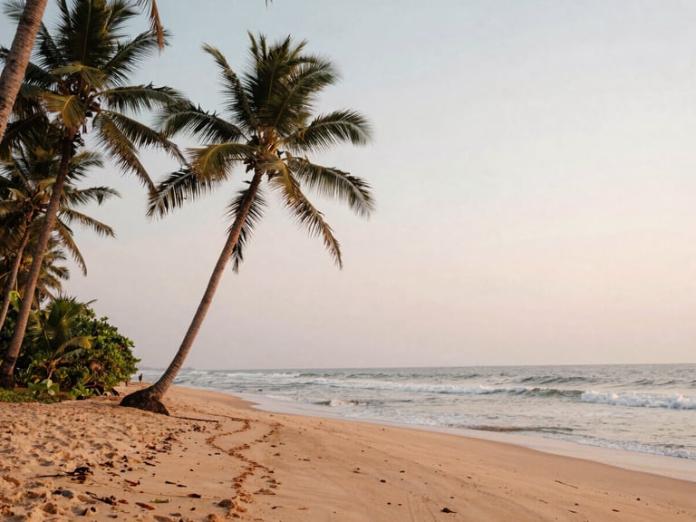 A quiet sandy cove in southern Sri Lanka, fringed by leaning palms under a soft hazy sunset, warm pastel tones.