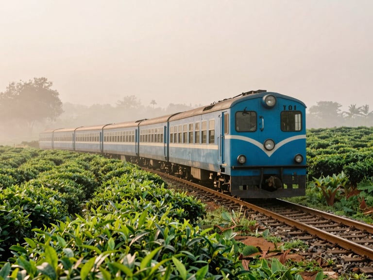 A vintage blue train winding through lush green tea estates under misty morning light, soft pastel tones.