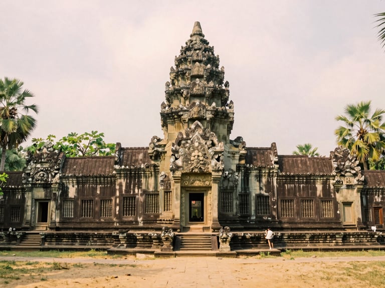 An ancient stone ruins temple surrounded by soft green foliage, diffused overcast tropical light.