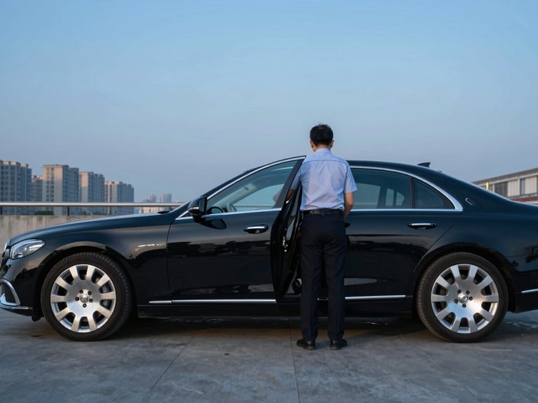 Wide environmental shot of a professional driver in uniform opening the door of a polished luxury sedan under the crisp early-morning blue hour light, clean city background.