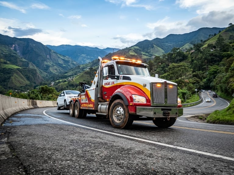 Dynamic low-angle shot of a heavy-duty tow truck driving on a scenic Colombian highway during bright daylight, mountains in background