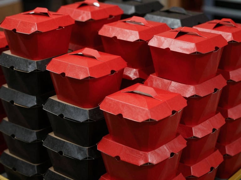 High-contrast commercial photography of stacks of clean red and charcoal cardboard takeout boxes in a professional warehouse, dramatic studio lighting with deep shadows, sharp focus, 35mm