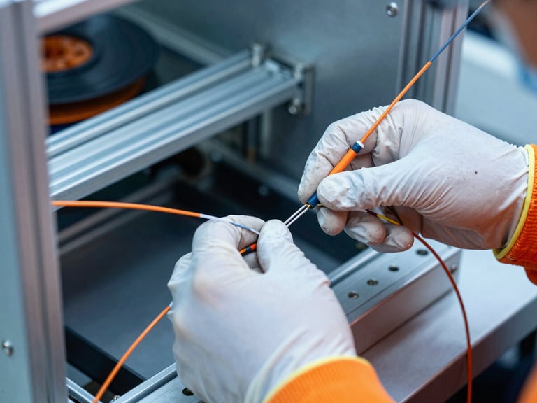 Close-up of technician's hands in clean high-vis gloves performing fiber-optic splicing inside a mobile cleanroom, cool-toned technical lighting, sharp focus on the fiber strands, safety orange accents