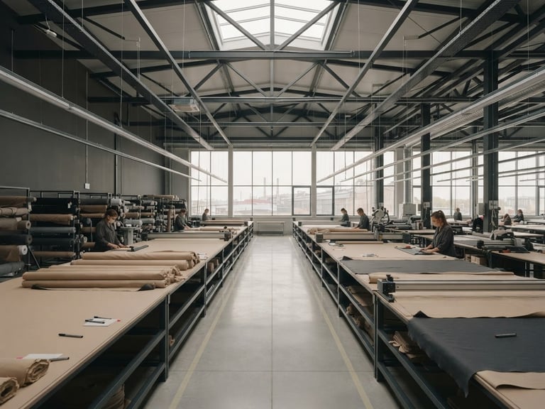 Symmetric architectural view of a clean, modern garment factory cutting room, soft diffused daylight, muted charcoal and warm beige tones, sharp focus, 35mm lens.