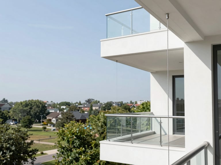 Sleek stainless steel tension cables on a bright, sunlit modern apartment balcony overlooking green trees under a clear sky, architectural photography