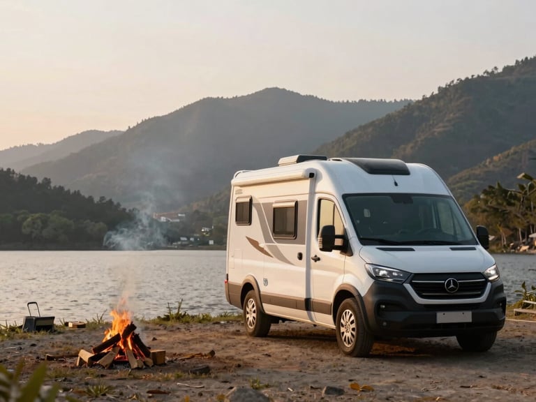 Wide environmental shot of a modern camper van parked at a scenic lakeside campsite during golden hour, campfire smoke rising gently, mountains in background.