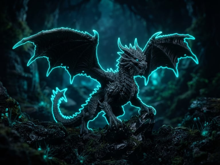 Macro close-up of an intricate 3D printed dragon miniature, low-key dramatic backlighting with glowing neon-cyan rim light, dark mystical atmosphere, 35mm