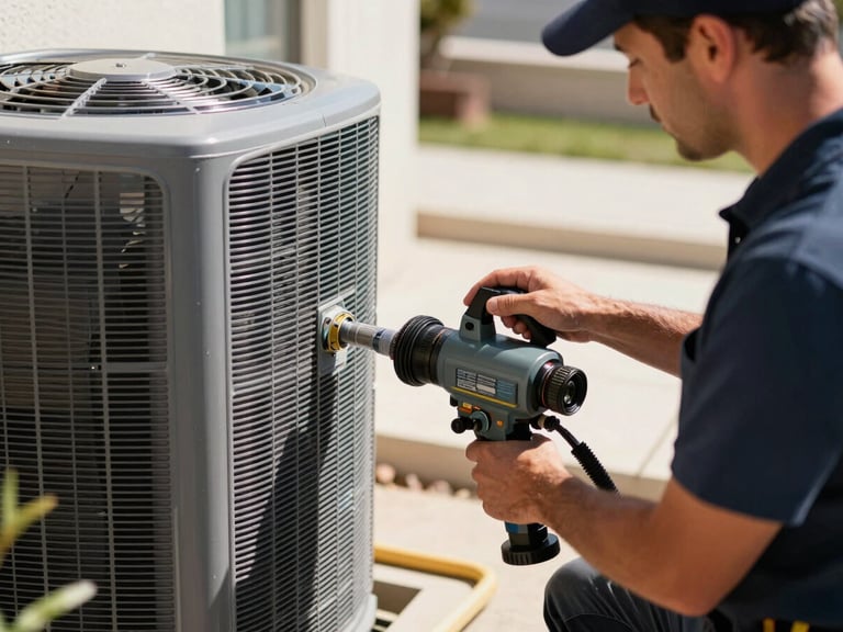 Bright Southern California daylight, a professional technician in a clean uniform operating heavy-duty vacuum equipment connected to a residential HVAC system, high-contrast, sharp utility focus.
