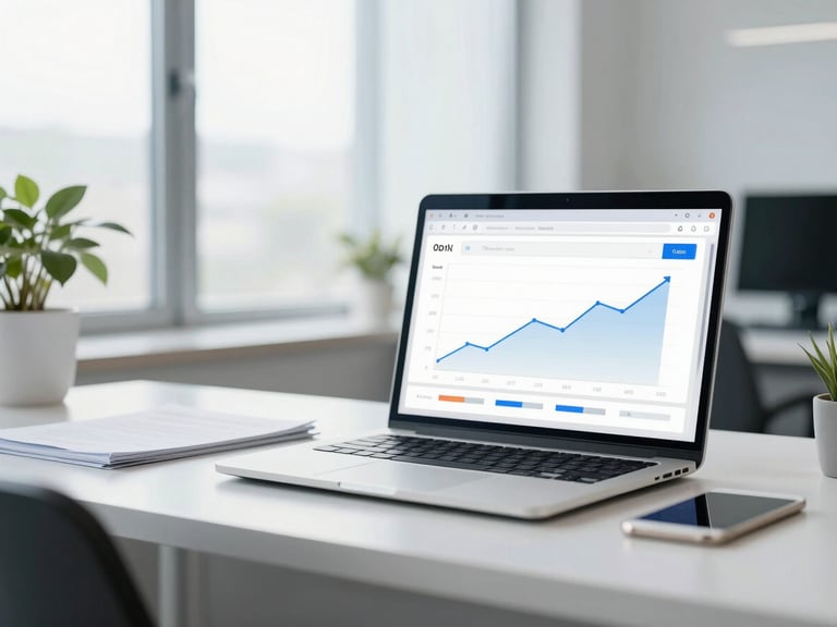 A bright, clean workspace with natural cool-toned daylight, featuring a laptop displaying an organic search traffic dashboard with upward trends.