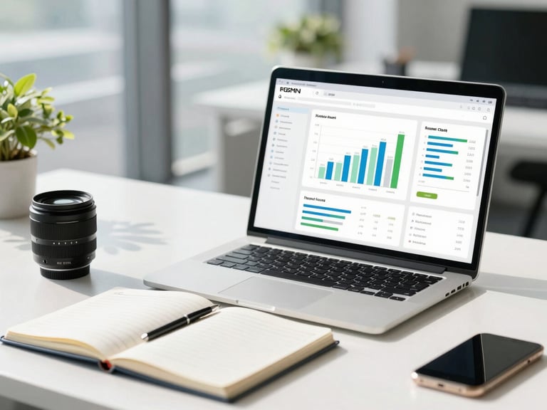 A bright modern workspace with natural daylight, a clean UI dashboard showing growth metrics on a laptop screen, and a strategy notebook, 35mm lens.