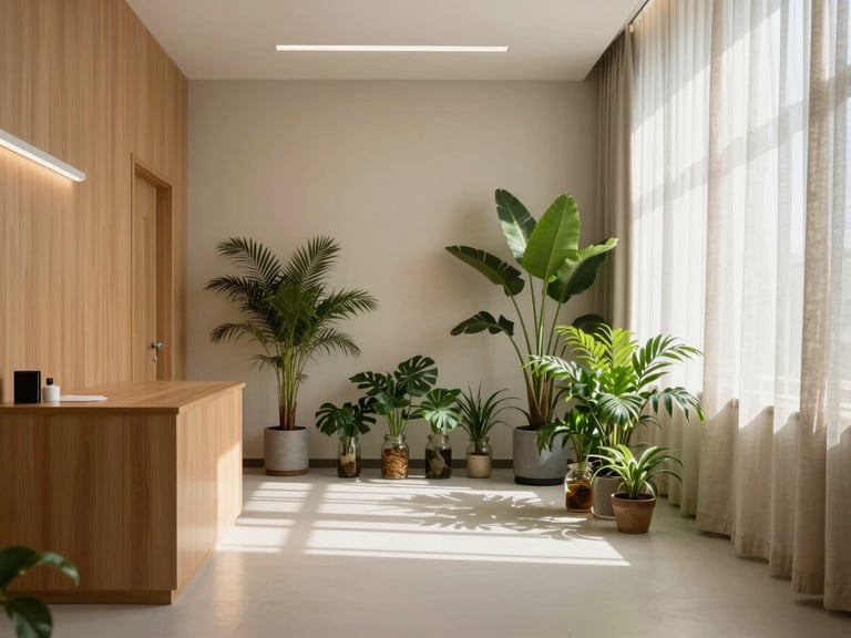 Wide angle shot of a minimalist, sunlit clinical consultation room with warm wood accents, lush green botanical plants in glass jars, and soft linen curtains.