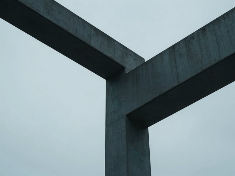 Abstract architectural geometry with sharp lines and concrete structures, cool diffused studio light, subtle teal accents, 35mm