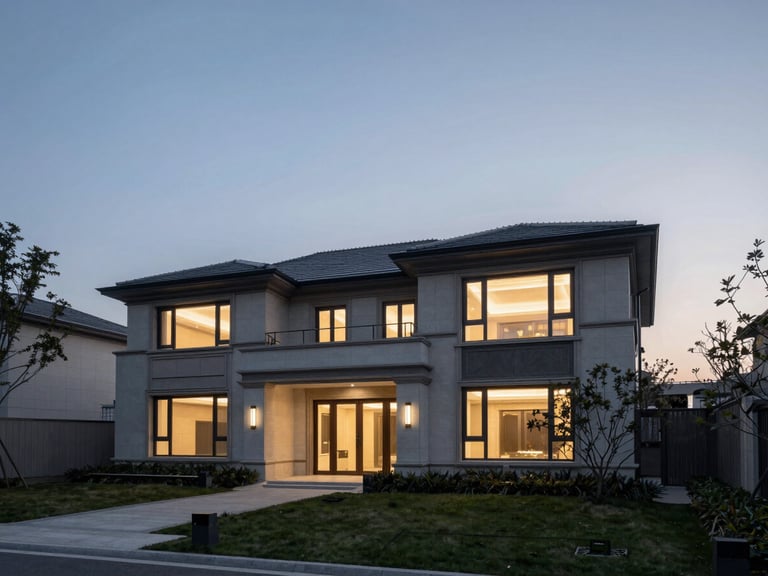 Wide environmental shot of a quiet architectural detail of a high-end estate at twilight, low-contrast soft light, no people