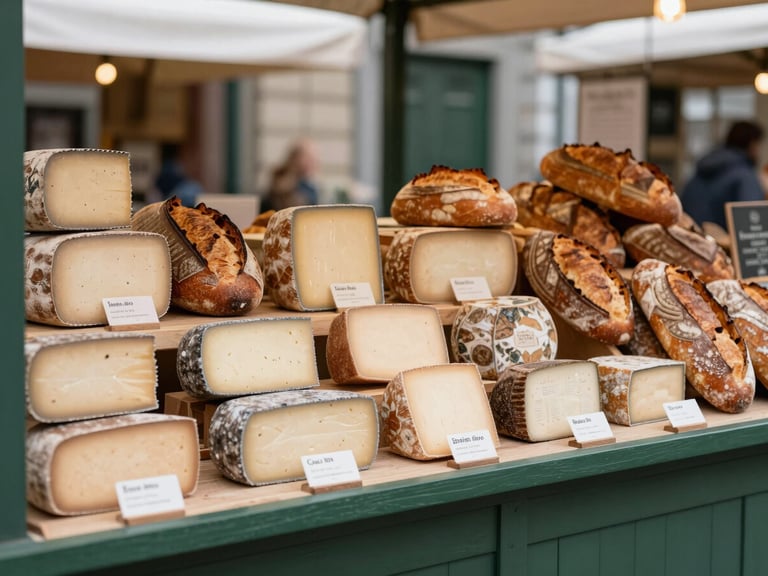 A cozy Scandinavian-style indoor market stall with artisanal cheeses and fresh sourdough loaves, warm indoor glow, matte finish, 35mm lens.