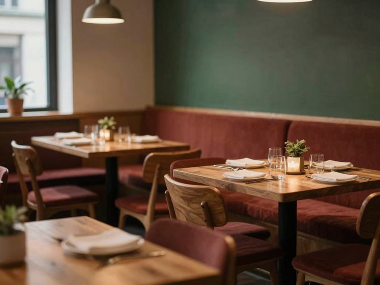Warmly lit interior of a cozy, Scandinavian-style restaurant, empty tables set, soft focus on natural wood textures and subtle greenery, low light, warm editorial photography.