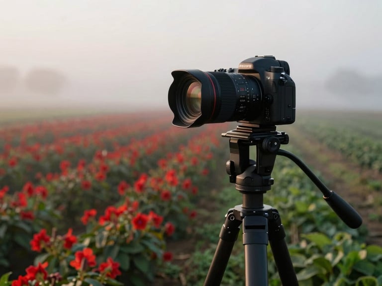A professional camera setup on a tripod in a misty agricultural field at dawn, soft overcast light, matte finish, 35mm lens.