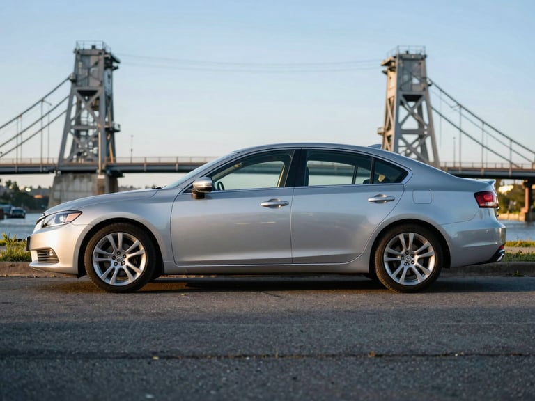 Clean silver sedan parked near the historic Stillwater Lift Bridge at golden hour, low sun, crisp focus.