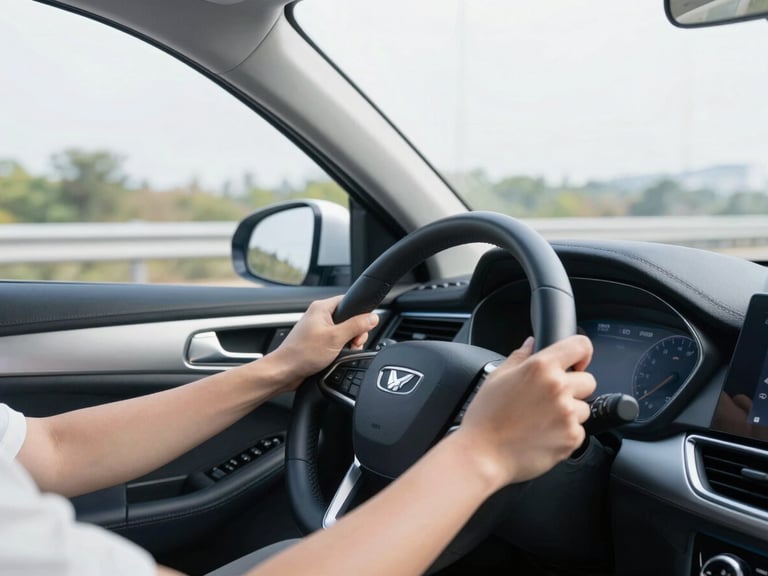 Interior shot of a clean, modern vehicle, hands on a steering wheel, view of a highway in the distance, natural daylight.