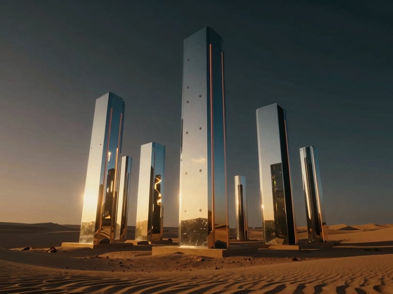A stunning AI-generated keyframe of a surreal desert with towering chrome monolithic structures, golden hour light, 35mm