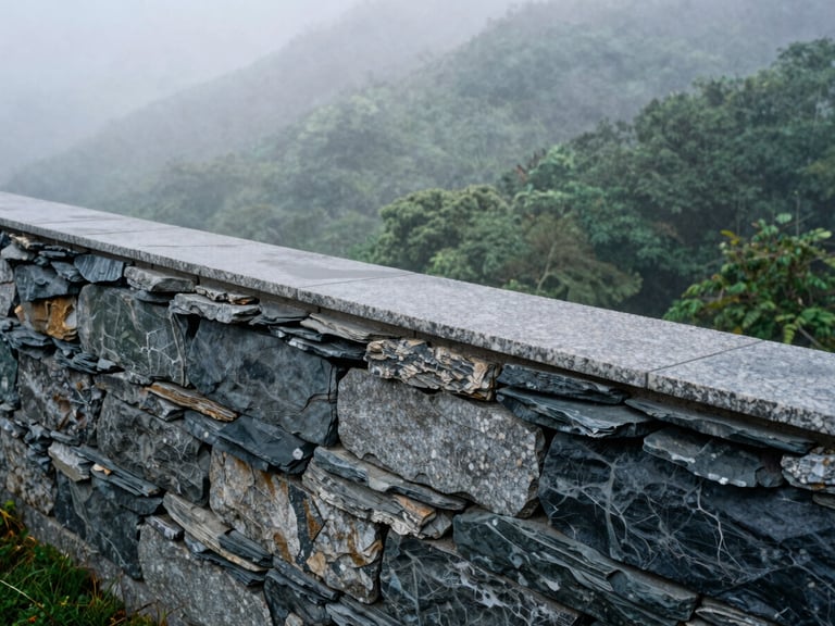 Close-up of dry-stack native granite masonry joints integrated into a sloped garden, misty morning fog, wet slate tones.