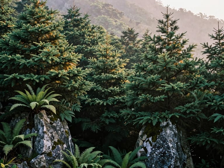 Lush native mountain hemlock and ferns planted around structural stone features, soft golden hour light filtering through dense canopy.
