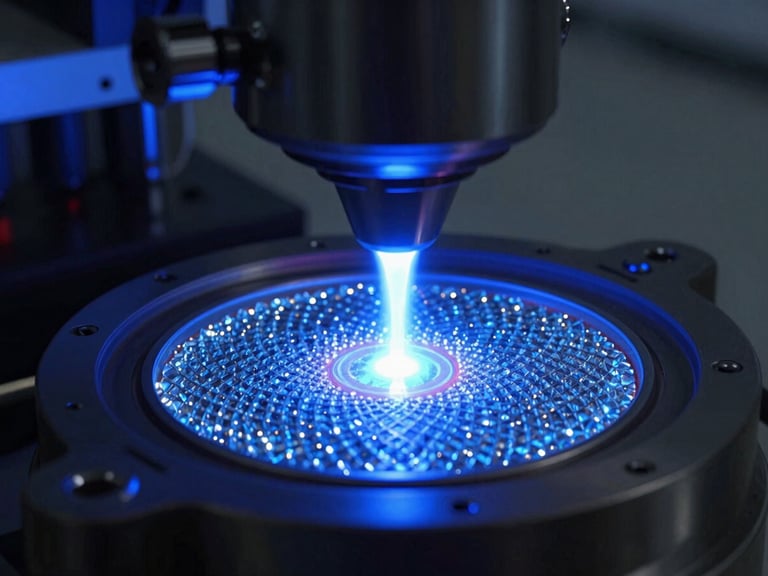 Macro shot of a glowing blue MPCVD plasma chamber, intense technical highlights, sharp diamond substrate visible under intense electrical arc, cinematic industrial photography, 50mm lens