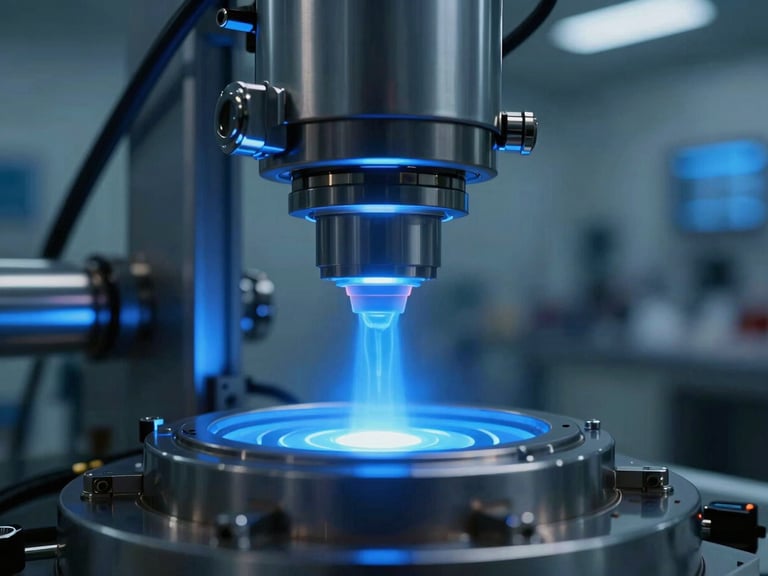 Macro shot of a high-tech MPCVD plasma chamber glowing with intense blue light, sharp technical highlights, industrial cleanroom environment.