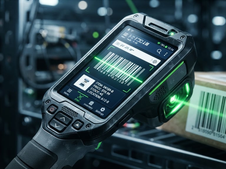 High-contrast macro shot of a rugged handheld scanner running a custom retail interface, cool-toned studio lighting with sharp electric green accents, detailed screen display