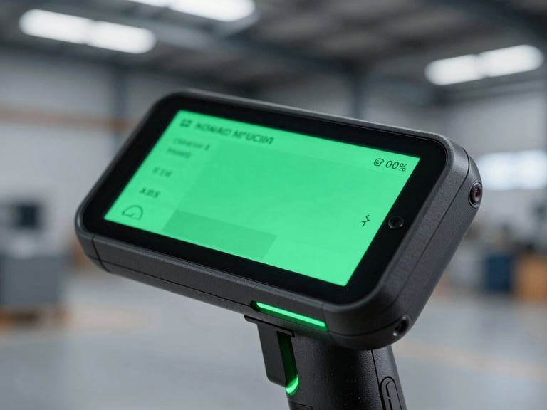 Macro shot of a rugged handheld Android scanner displaying a clean, high-contrast green interface, cool-toned industrial warehouse lighting, sharp focus on the screen