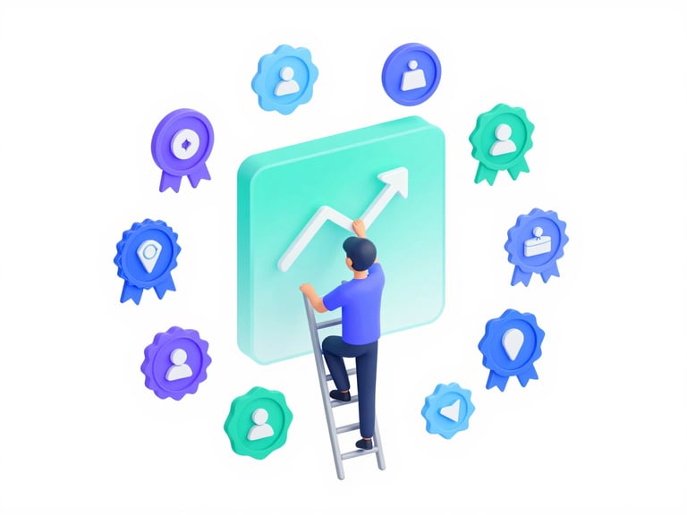 3D character on a ladder drawing an upward growth arrow surrounded by digital reward badges.