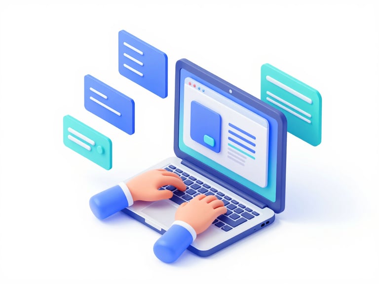 Clean 3D render, isometric illustration of hands building a website on a laptop, code snippets and UI elements floating around, soft indigo and teal gradients, white background, high-key lighting.