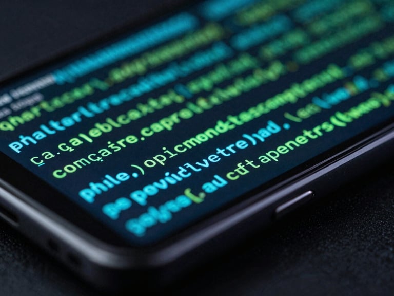 Extreme macro close-up of a high-end Android test device running native code, vibrant cyan and green neon lines reflecting off the glass screen, dark background
