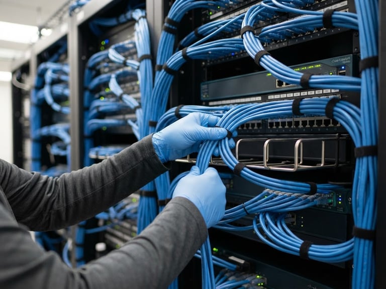 Close-up of a technician's hands neatly organizing blue ethernet cables in a server rack, bright office lighting, sharp focus, 35mm
