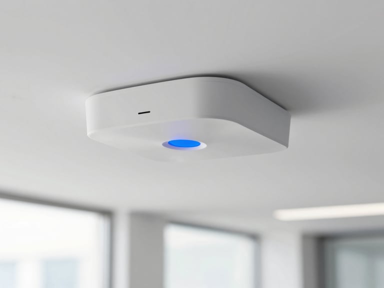 A clean modern ceiling-mounted corporate Wi-Fi access point with a solid blue status light, bright office background, 35mm