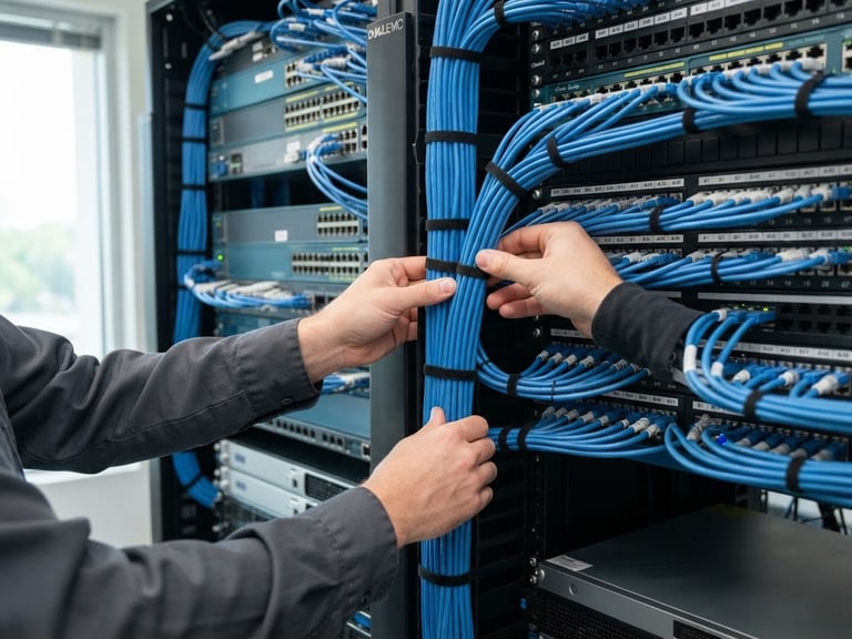 Close-up of a technician's hands neatly organizing blue ethernet cables in a clean server rack, bright natural office lighting, sharp focus, 35mm