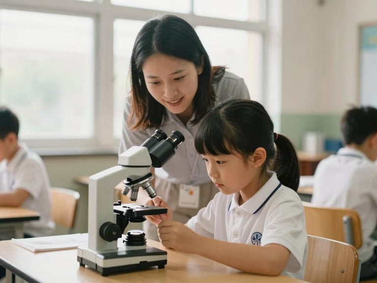 Warm natural classroom window light, a teacher guiding a young student through a science experiment with a microscope, authentic candid moment, shallow depth of field.