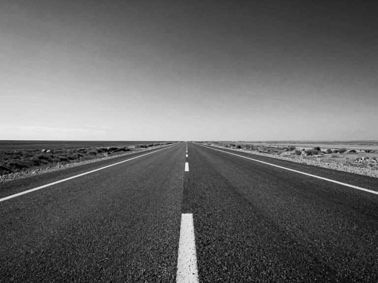 Empty asphalt highway stretching to the horizon under a vast sky, high-contrast black and white, deep shadows on the road surface.