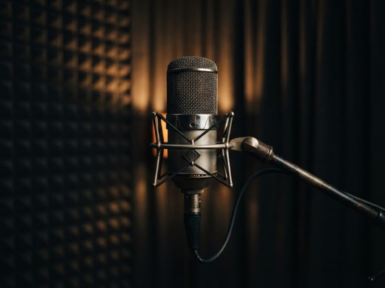 Moody editorial photograph of a high-end vintage condenser microphone inside a dark soundproof booth, warm amber backlight catching the metallic mesh, shallow depth of field, 35mm film grain.