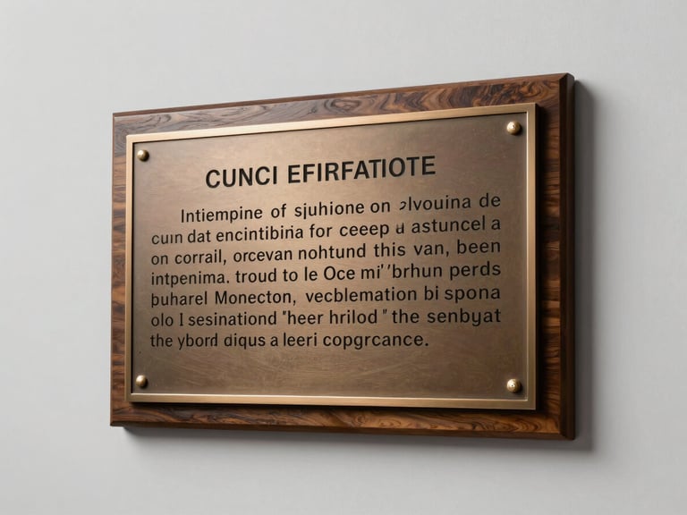 Three-quarter studio shot of a polished bronze metal plaque mounted on a dark walnut backing, precision laser-engraved institutional text visible, directional strobe lighting on a light gray background emphasizing material weight and finish quality
