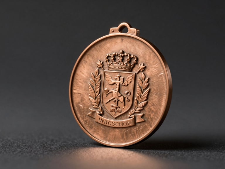 3/4 angled studio shot of a bronze-plated brass medal with detailed engraved crest on the face, positioned against a clean dark neutral background, professional strobe lighting from upper left creating sharp shadow that emphasizes the relief and material weight, no people