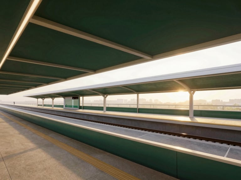 Architectural rendering of a proposed metro station or elevated road with clean lines and modern design, suggesting future connectivity. Warm, bright lighting.