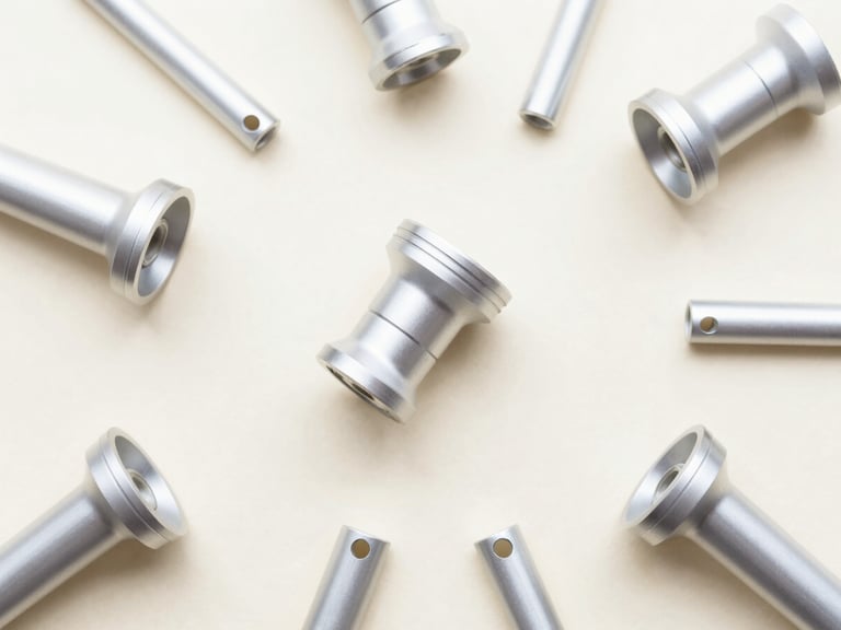 Minimalist overhead flat-lay of clean, brightly lit custom aluminum parts on a soft pastel cream surface, sharp focus, 50mm