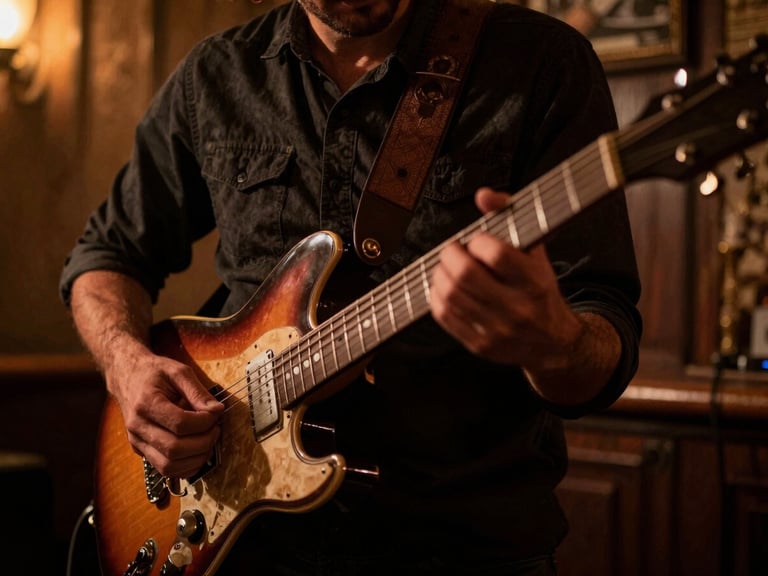 Close-up de um guitarrista de blues tocando guitarra elétrica vintage, com slide, em um palco com luz baixa e quente.