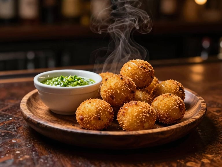 A rustic wooden plate with golden-brown deep-fried rib croquettes, steam rising slightly, served with a small bowl of spicy green sauce, warm low-key lighting, 35mm