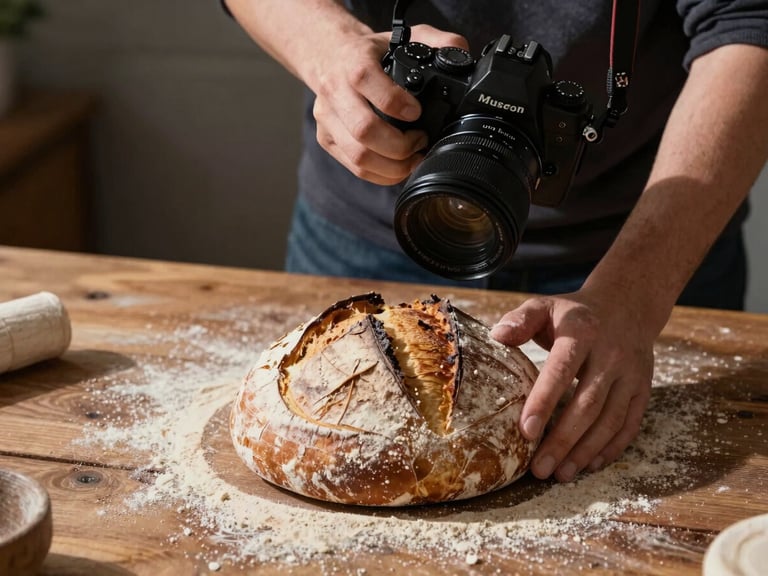 A photographer holding a camera over a rustic wooden table, capturing hands kneading sourdough, soft side-lighting, high shadow contrast.